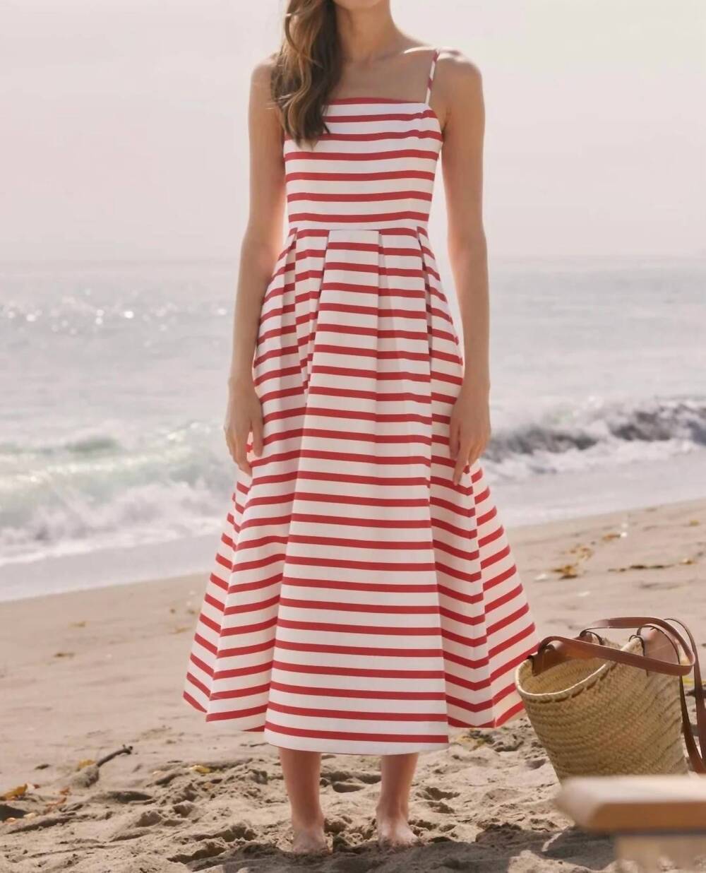 NEW ENGLISH FACTORY women's striped pleated midi dress in red